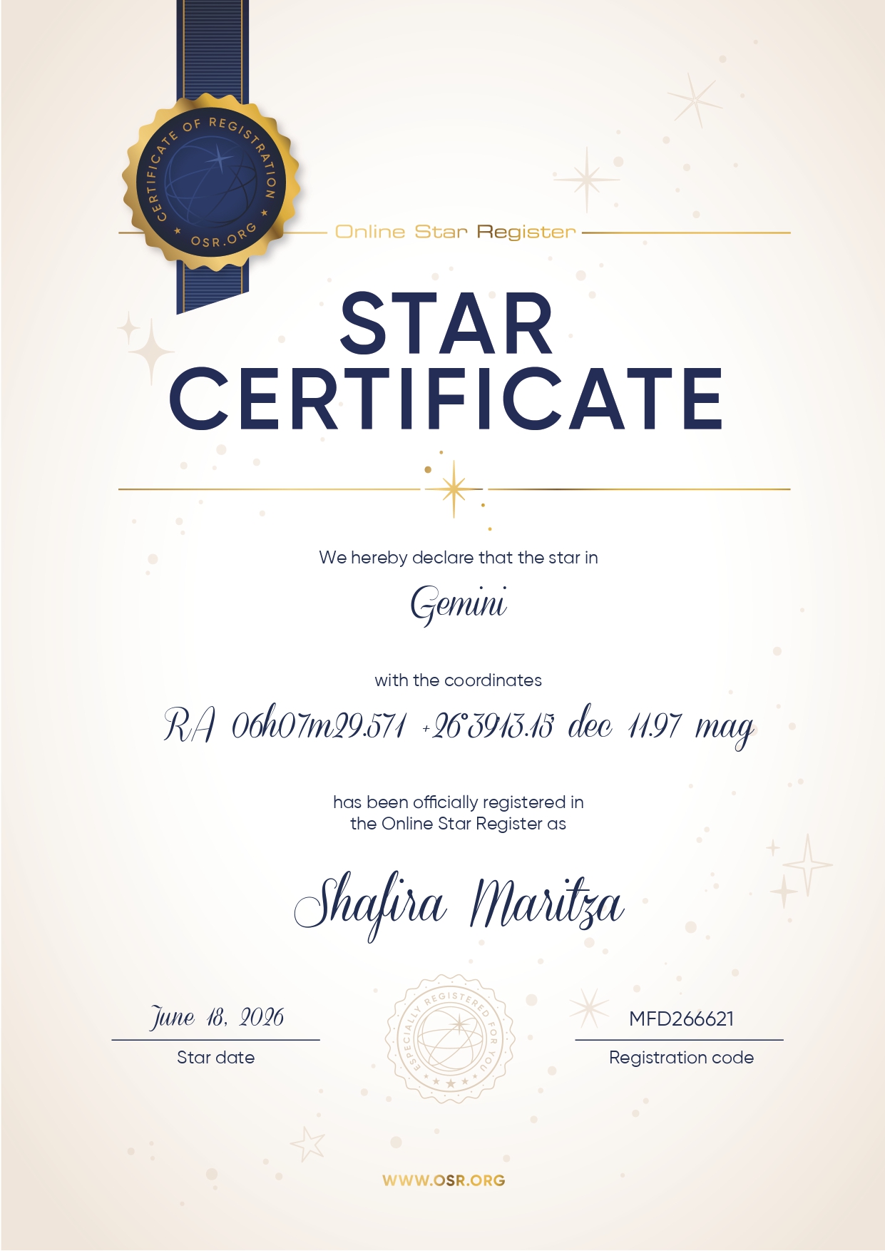 Star Certificate